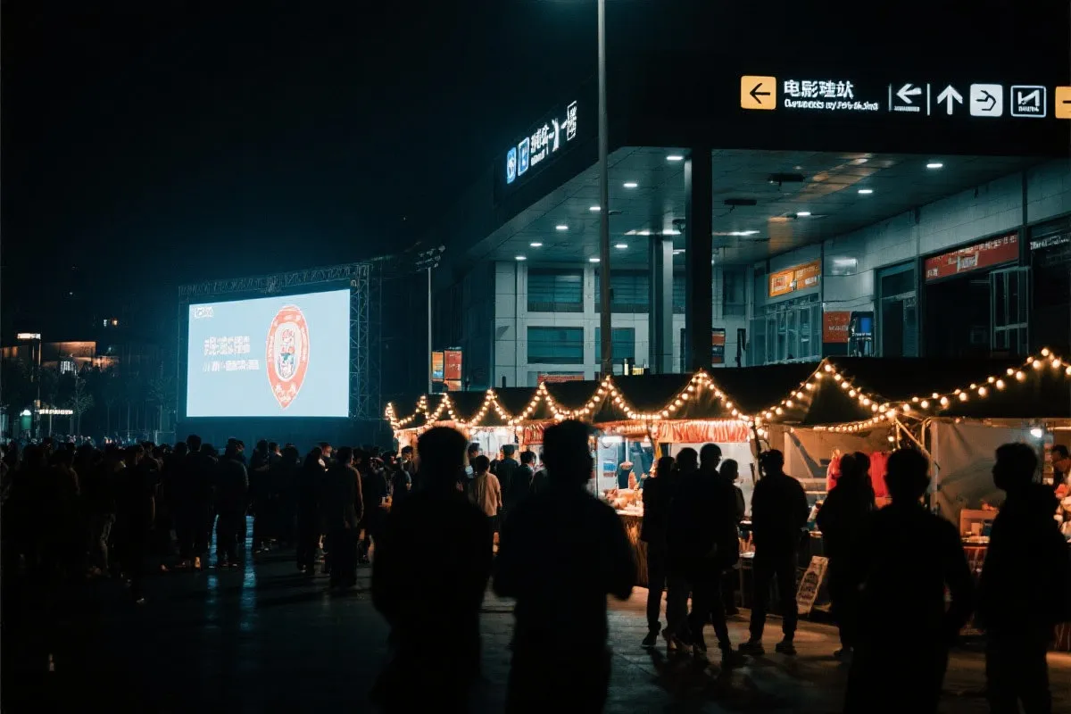 费城球迷广场夜景：大屏观赛人群、步行指示牌与公共交通入口