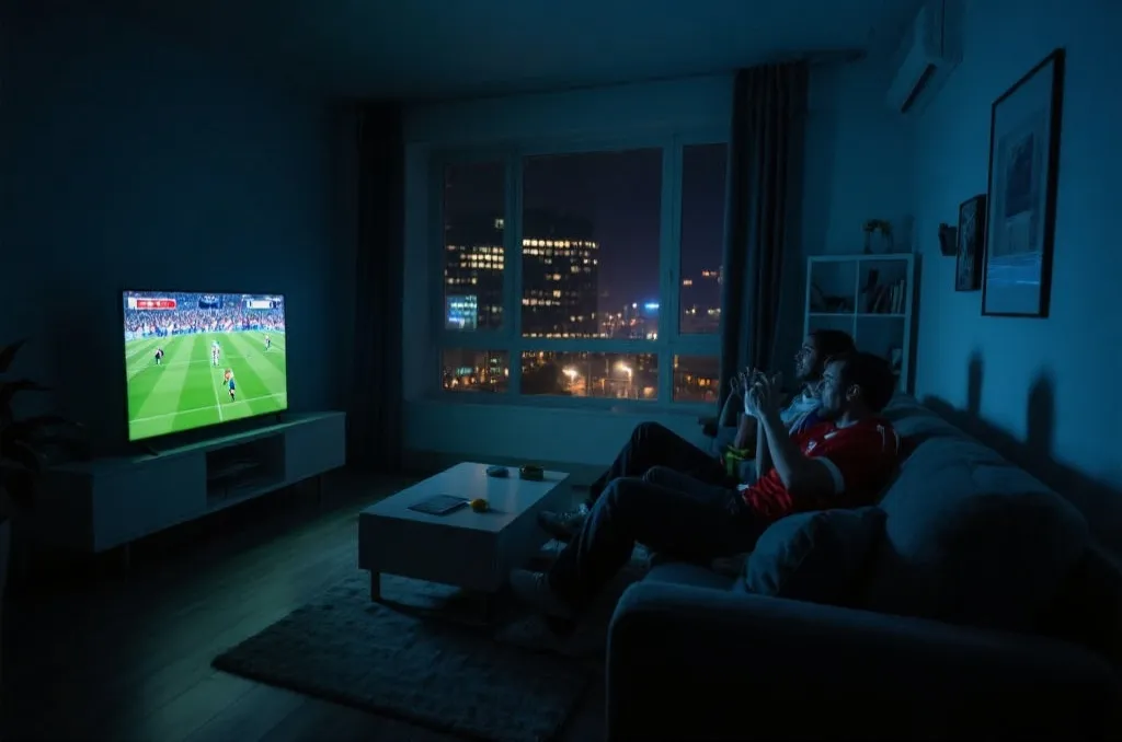 中国球迷凌晨看世界杯直播的居家观赛场景